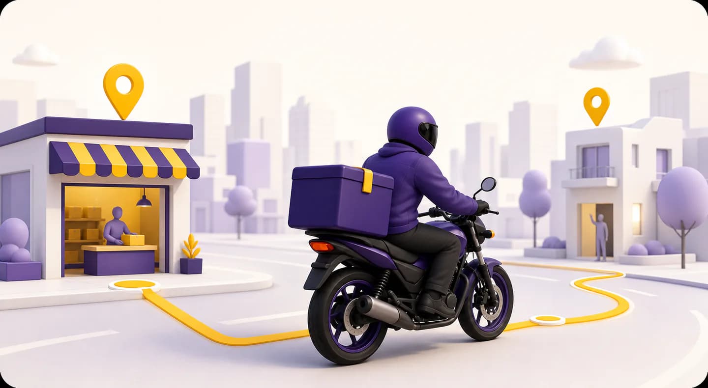 Motoboy seguindo uma rota entre uma empresa e o endereço do cliente
